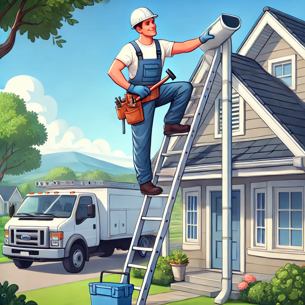 A professional installer working on a ladder to install gutter protection on a house, using a truck and basic tools. The background should show a clea