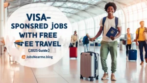 Young traveler with luggage and passport — heading to a visa-sponsored job abroad