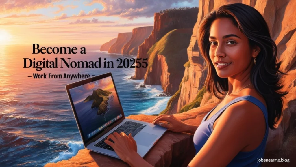 Person with a laptop overlooking ocean cliffs sunset Become a Digital Nomad in 2025 Work From Anywhere