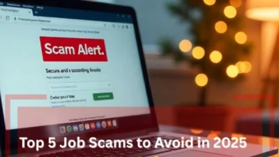 Laptop showing scam warning while applying for jobs online in 2025