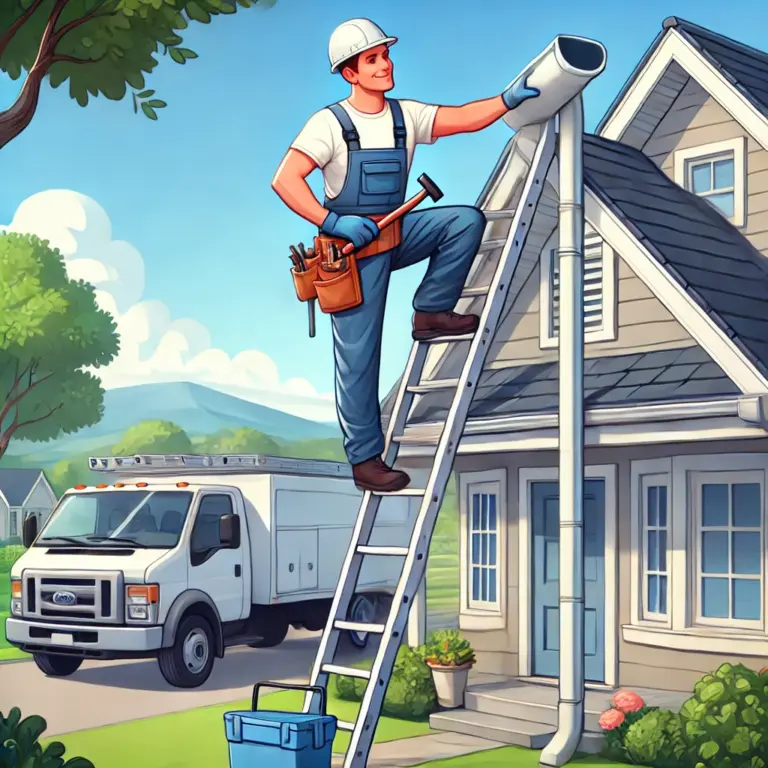 A professional installer working on a ladder to install gutter protection on a house, using a truck and basic tools. The background should show a clea