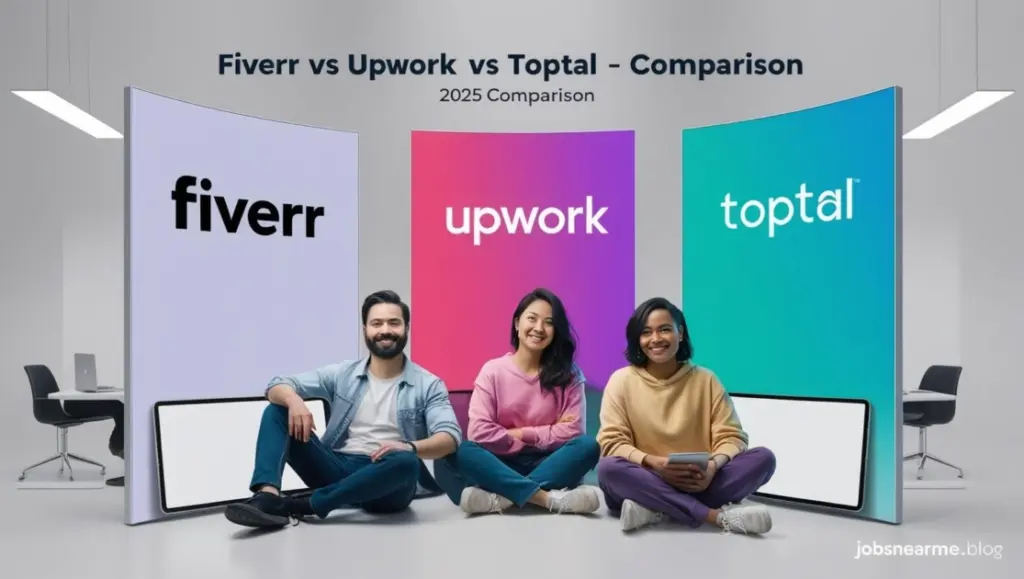 Freelancers comparing Fiverr, Upwork, and Toptal in 2025