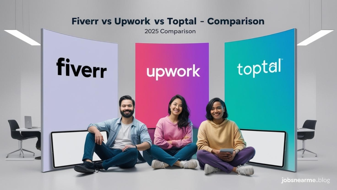 Freelancers comparing Fiverr, Upwork, and Toptal in 2025